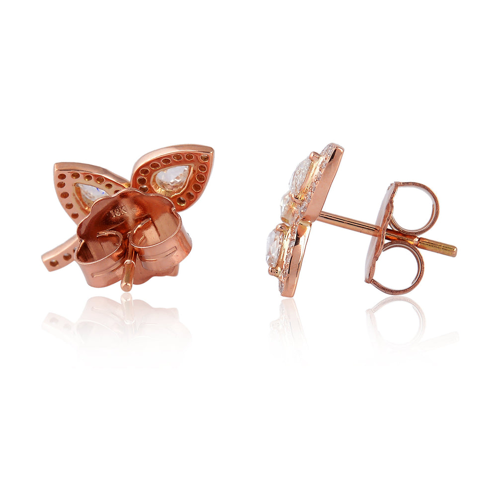 'Shimmering' 18K Rose Gold Leaf Stud Earrings With Natural Rose Cut Diamond For Her