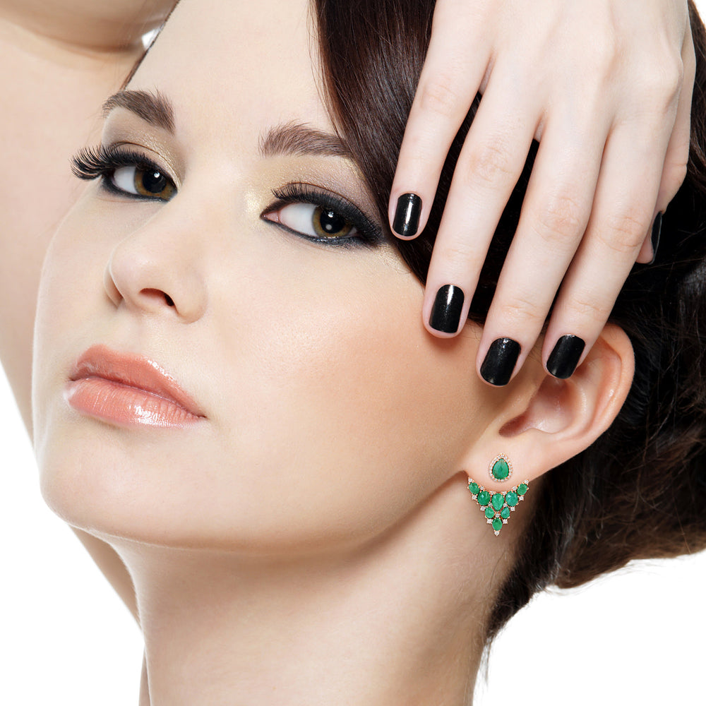 18K Rose Gold Colombian Emerald Fan Ear Jacket Earrings with Diamond Halo