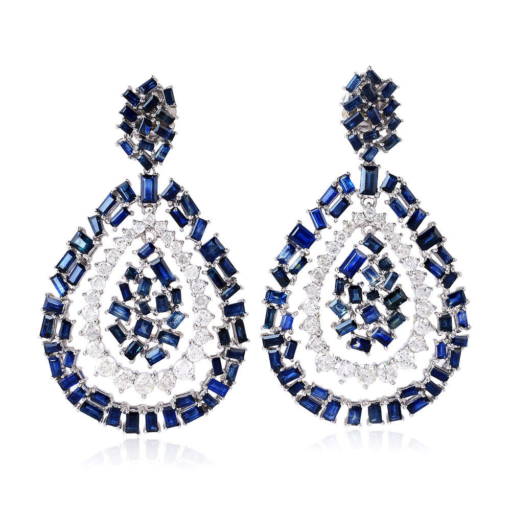 18K White Gold Genuine Diamond Square Baguette Blue Sapphire Pear-Drop Dangler Earrings