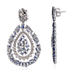 18K White Gold Genuine Diamond Square Baguette Blue Sapphire Pear-Drop Dangler Earrings