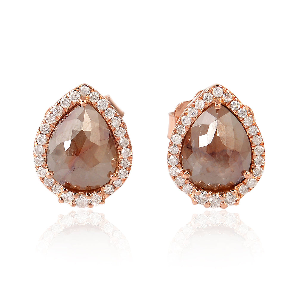 Natural Brown Rose-Cut Pear Diamond Halo Stud Earrings in 18K Rose Gold