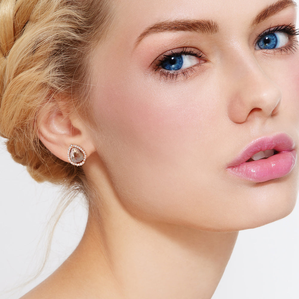 Natural Brown Rose-Cut Pear Diamond Halo Stud Earrings in 18K Rose Gold