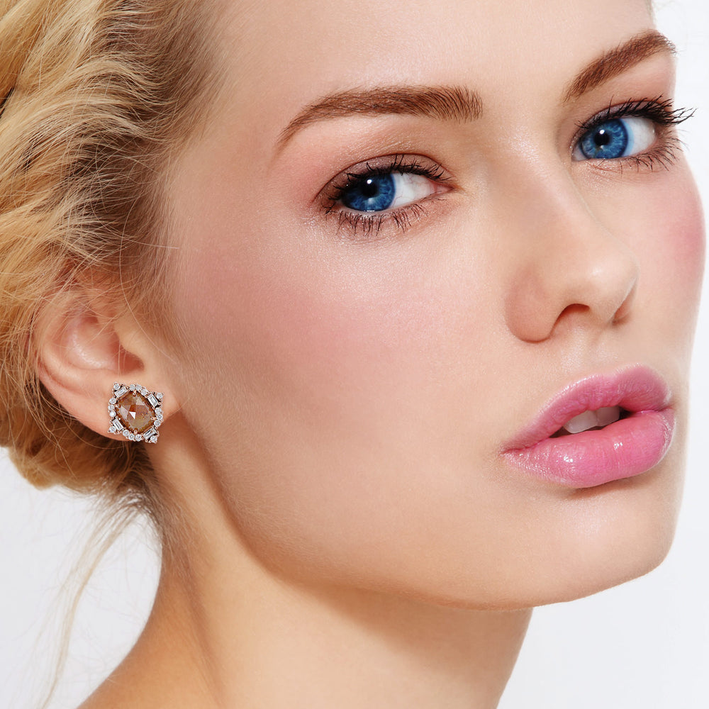 Rose-Cut Ice Diamond & Baguette Halo Stud Earrings in 18K Rose Gold