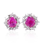 Pink Slice Ruby Prong Baguette Diamond Designer Stud Made In 18K White Gold For Her