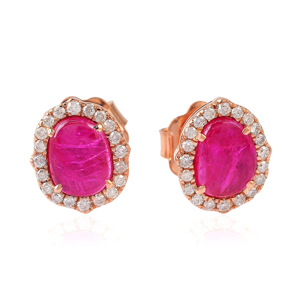 18K Rose Gold Red Slice Ruby Pave Diamond Mini Stud Earrings For Her Valentine Gift