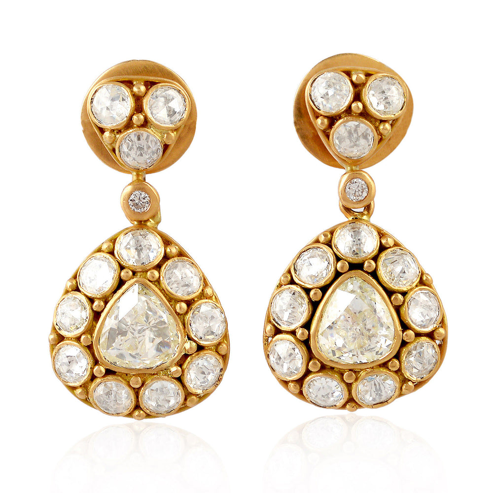 Natural Rose Cut Diamond Ethnic Wedding Dangler 18K Yellow Gold Jewelry For Her