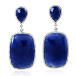 White Gold Pear Square Blue Sapphire September Birthstone Prong Diamond Dangler Earrings