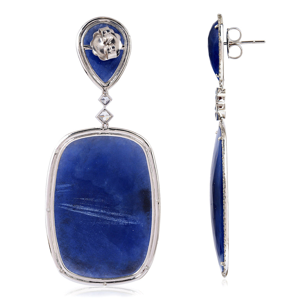 White Gold Pear Square Blue Sapphire September Birthstone Prong Diamond Dangler Earrings