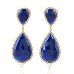 18K Yellow Gold Florence Blue Sapphire Gemstone Diamond Classic Drop Dangler Earrings