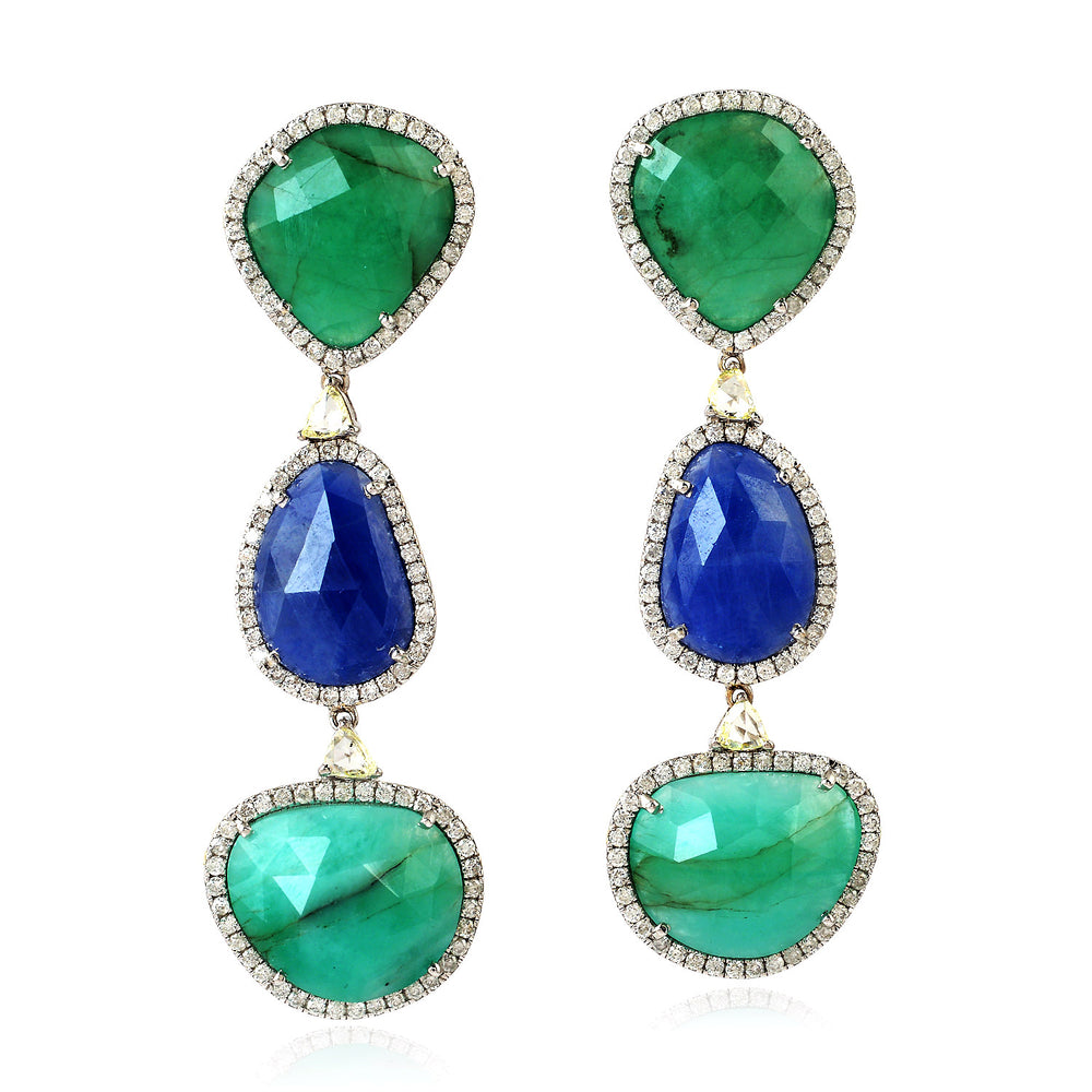 Unshaped Emerald & Blue Sapphire Prong Diamond Designer Dangler In 18K White Gold For Her