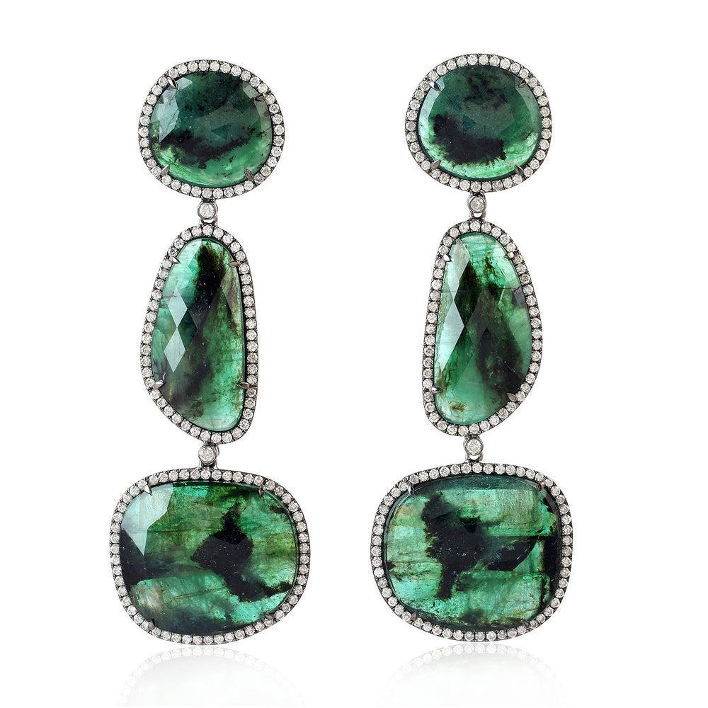 Triple Emerald Slice & Diamond Halo Drop Earrings in 18K Black Rhodium Gold