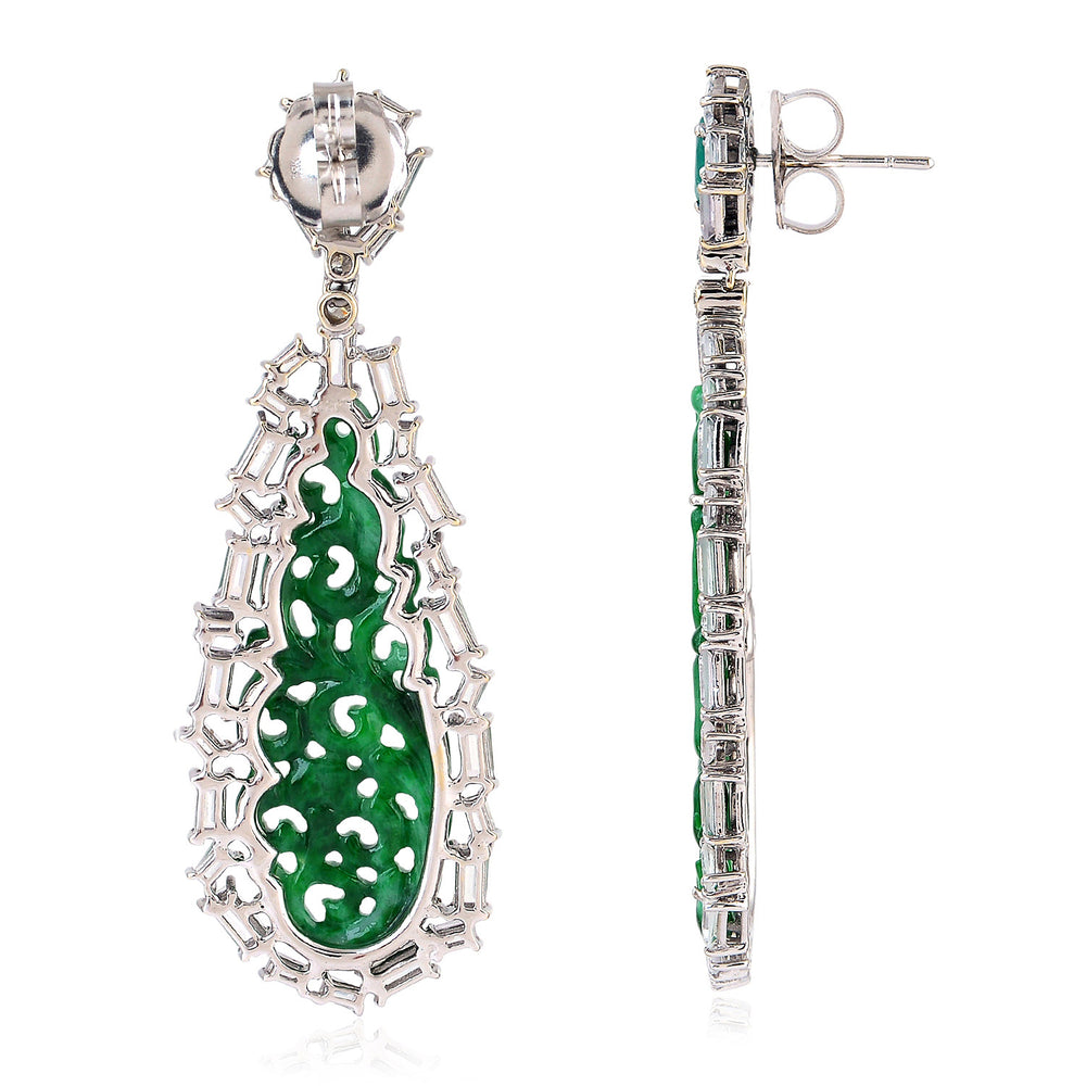 Carved Jade Drop Earrings with Baguette Sapphire Diamonds & Emerald in 18K White Gold