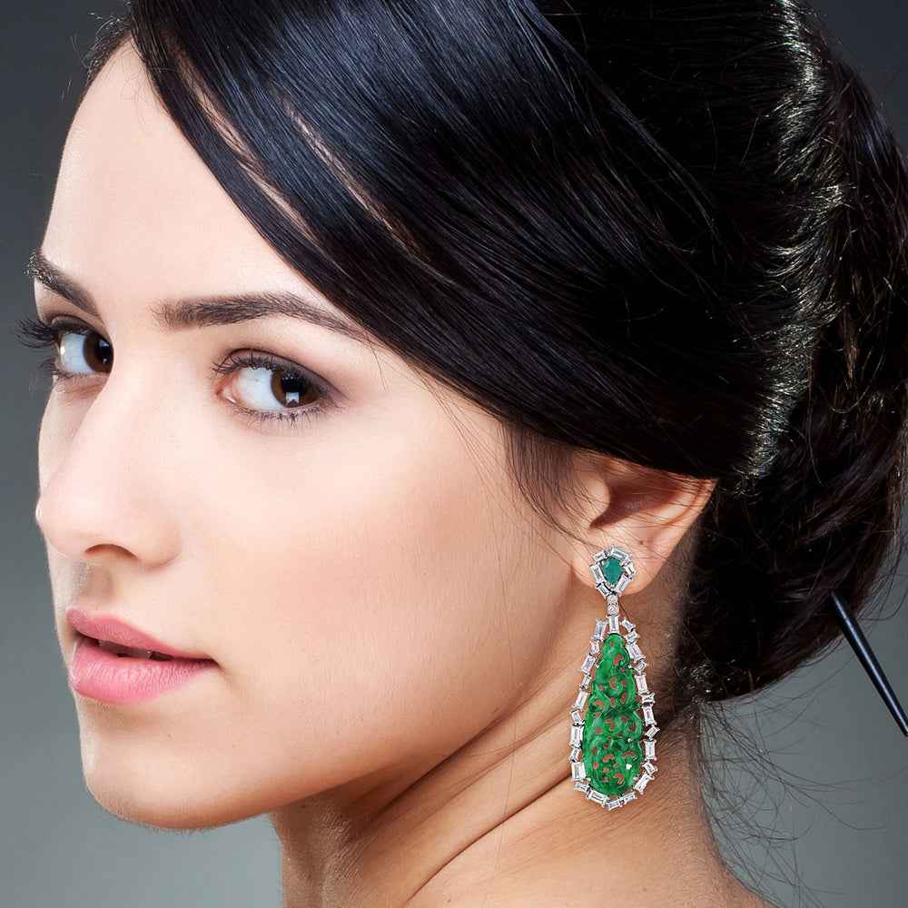 Carved Jade Drop Earrings with Baguette Sapphire Diamonds & Emerald in 18K White Gold