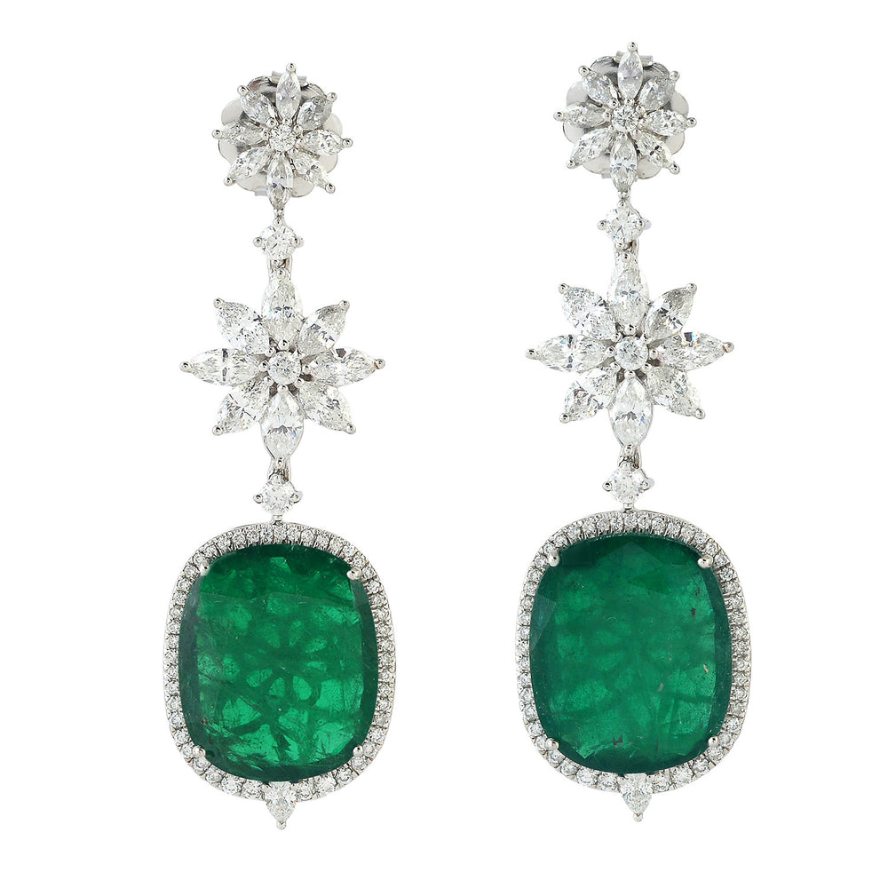 Emerald Cushion-Cut & Diamond Snowflake Drop Earrings in 18K White Gold