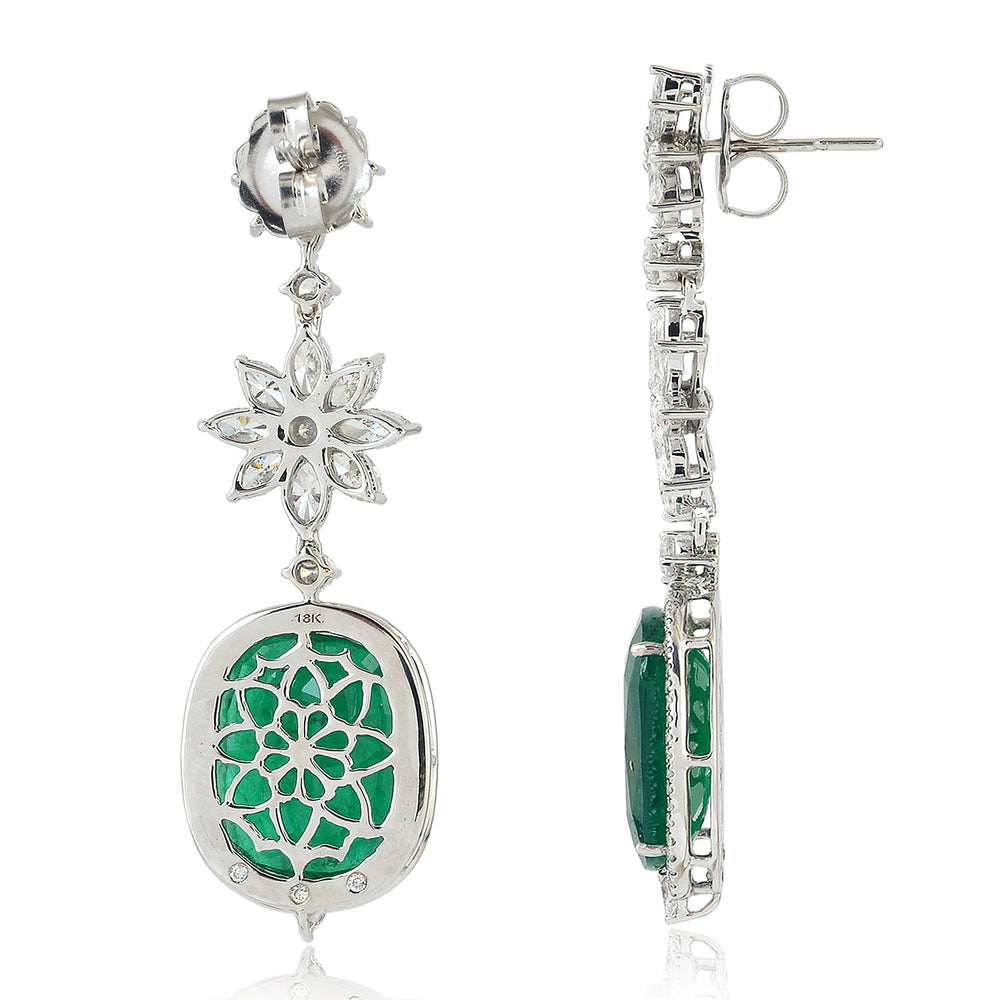 Emerald Cushion-Cut & Diamond Snowflake Drop Earrings in 18K White Gold
