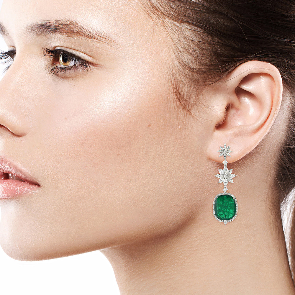 Emerald Cushion-Cut & Diamond Snowflake Drop Earrings in 18K White Gold