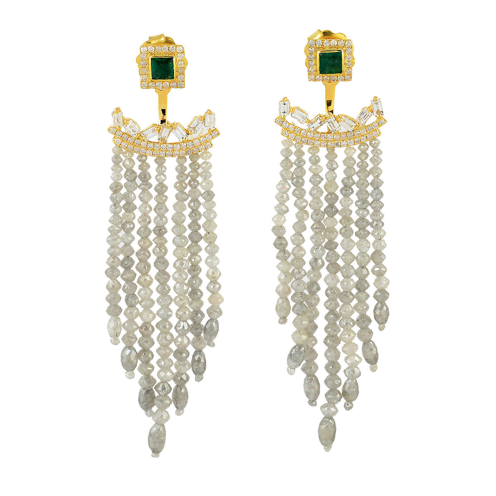 Square Emerald Faceted Ice Diamond Beaded Tassel Ear Jacket Earrings In 18K Yellow Gold