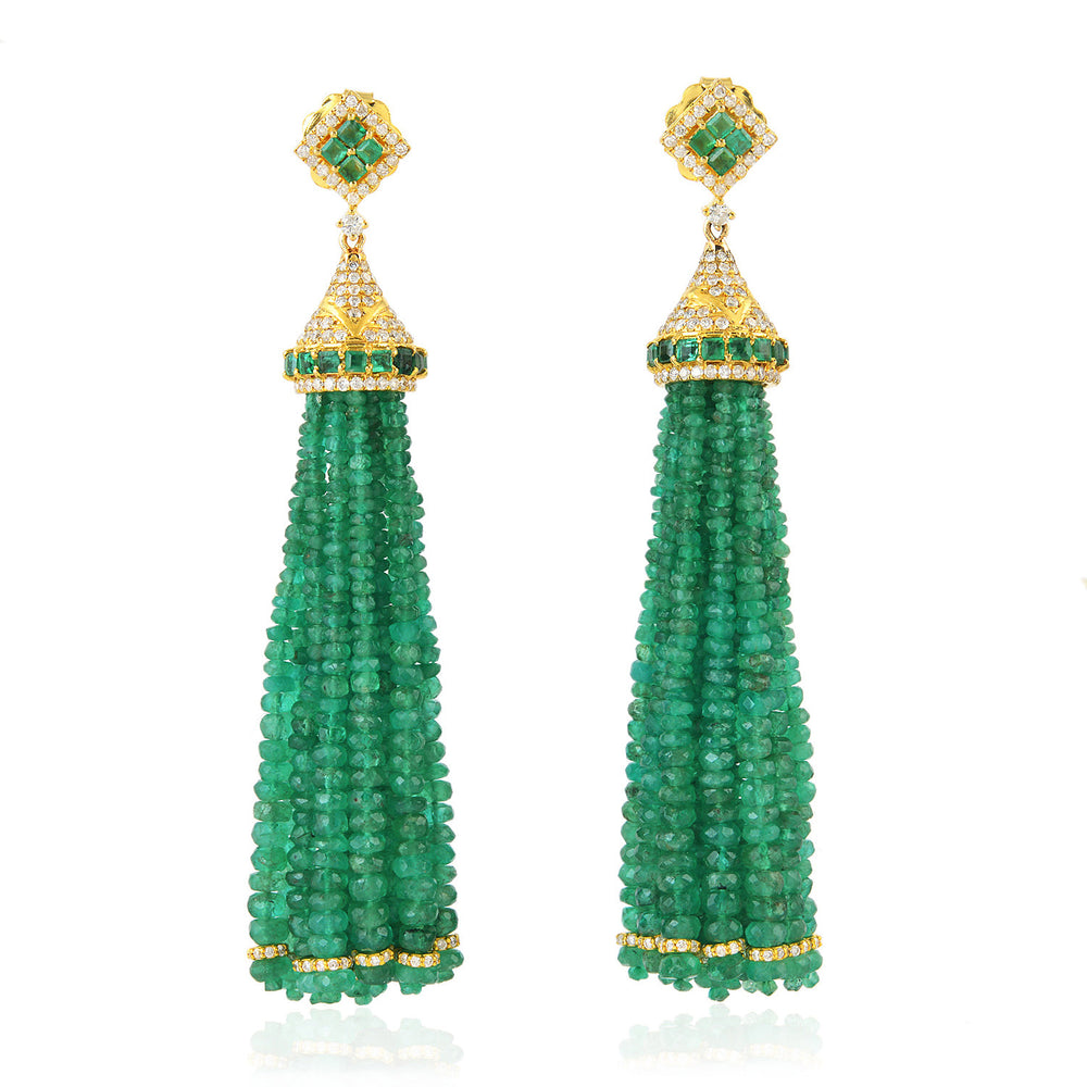 Solid Gold Faceted Beads Emerald Prong Diamond Tassel Design Earrings For Women Wedding