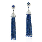 18K White Gold Beaded Blue Sapphire Channel Set Baguette Diamond Tassel Earrings For Her