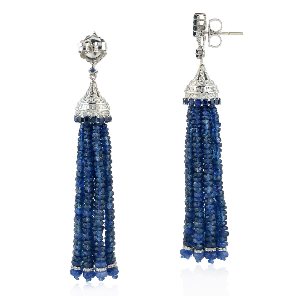 18K White Gold Beaded Blue Sapphire Channel Set Baguette Diamond Tassel Earrings For Her