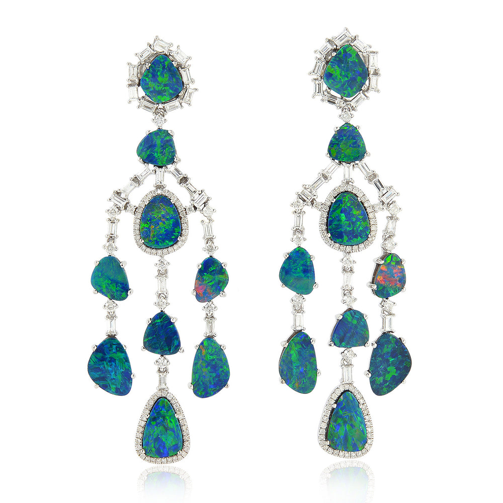 Mix Cut Opal Doublet October Birthstone Baguette Diamond Chandelier Earrings In White Gold