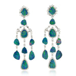 Mix Cut Opal Doublet October Birthstone Baguette Diamond Chandelier Earrings In White Gold