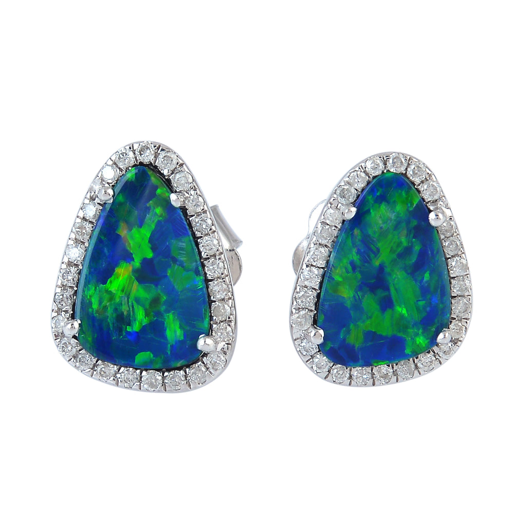 Triangle Opal Doublet Prong Diamond Stud Earrings For Women's In 18K White Gold