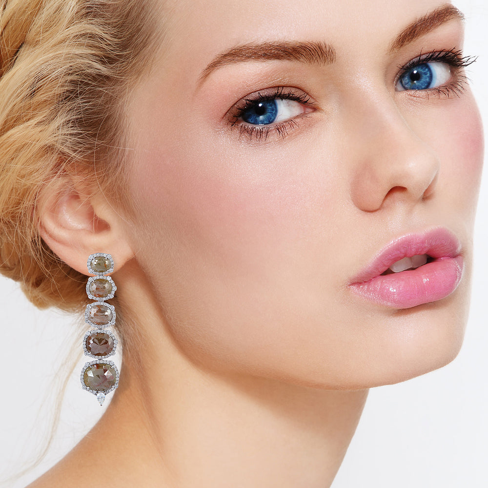 Rose-Cut Multi-Ice Diamond Five-Stone Drop Earrings in 18K White Gold