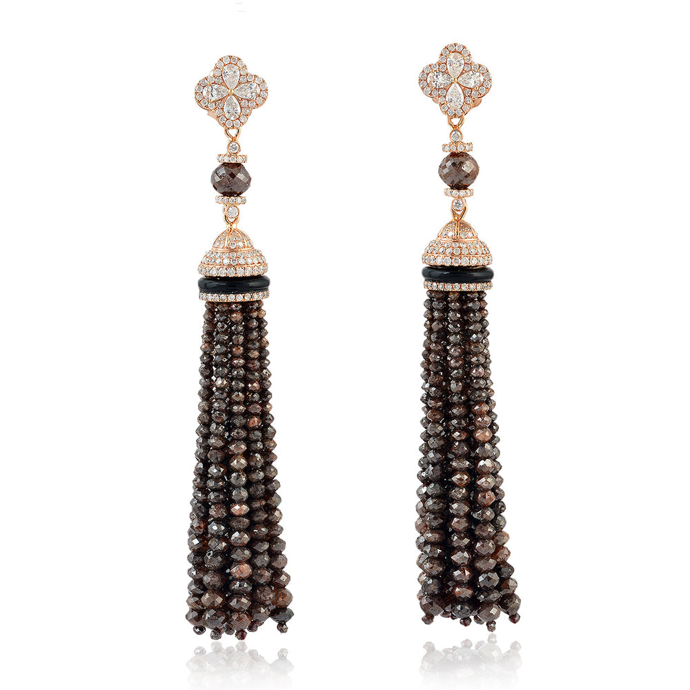 Black Washer Faceted Beads Onyx Prong Diamond Beautiful Tassel Earrings In Rose Gold