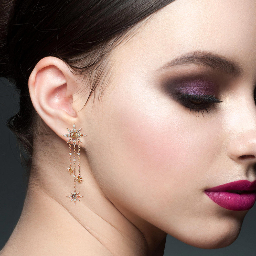 Round Ice Diamond Star Chandelier Earrings in 18K Rose Gold for Women