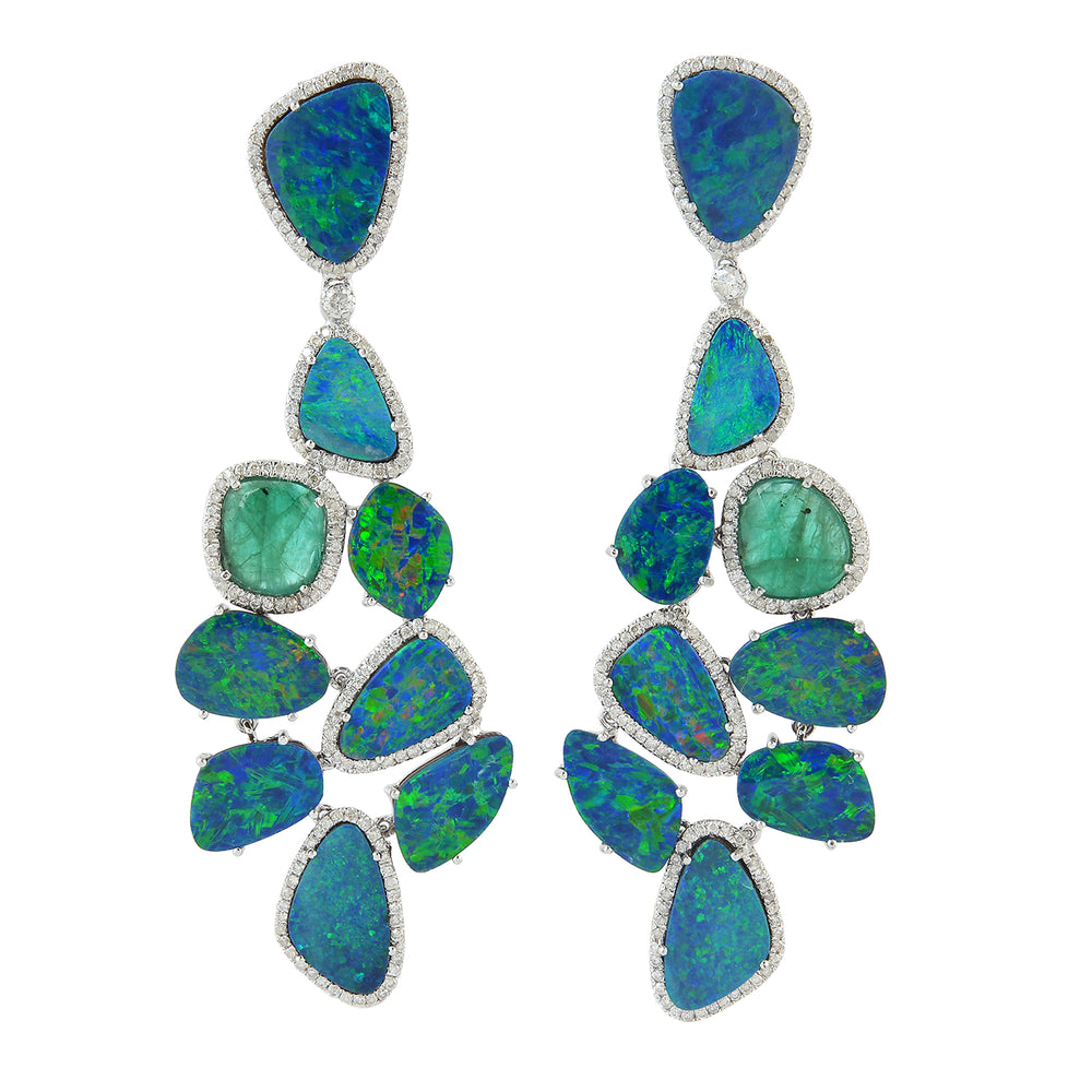 Opal Doublet Prong Emerald Pave Diamond Chandelier Earrings In White Gold