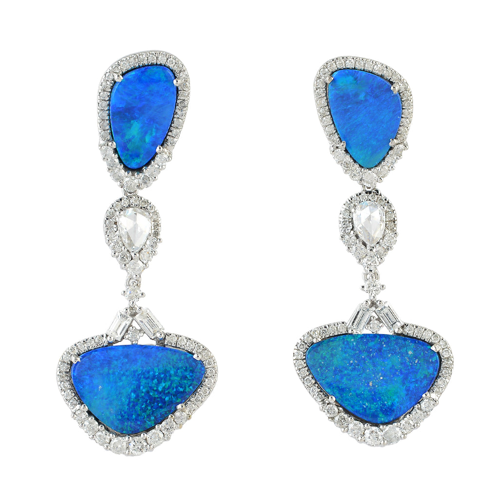 Natural Blue Opal & Diamond Halo Double Drop Earrings in 18K White Gold
