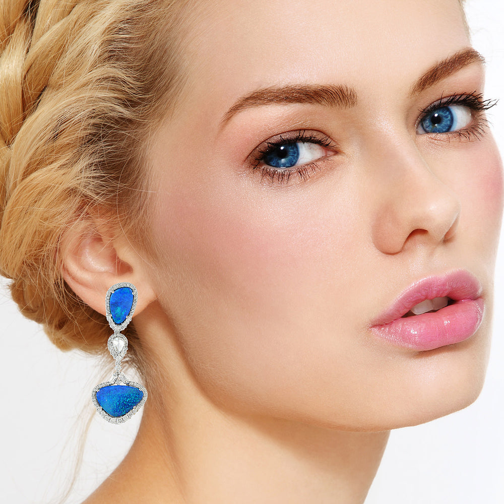 Natural Blue Opal & Diamond Halo Double Drop Earrings in 18K White Gold