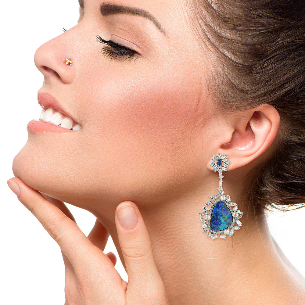Blue Opal, Sapphire & Diamond Halo Cluster Drop Earrings in 18K White Gold