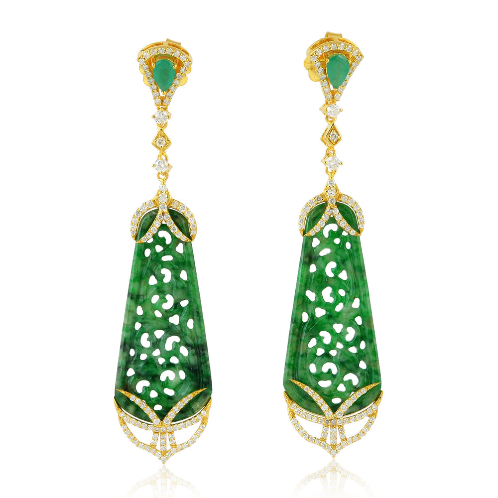 Carved Green Jade, Emerald & Diamond Art Deco Dangle Earrings in 18K Yellow Gold
