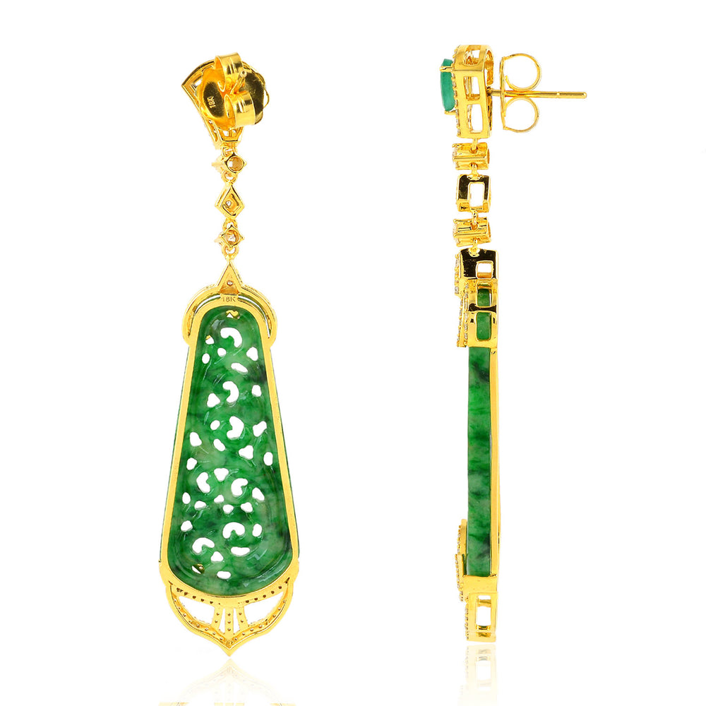 Carved Green Jade, Emerald & Diamond Art Deco Dangle Earrings in 18K Yellow Gold