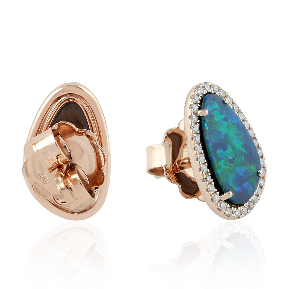 Opal Doublet Diamond Trillion Design Stud Ear Jewelry In 18k Rose Gold For Her