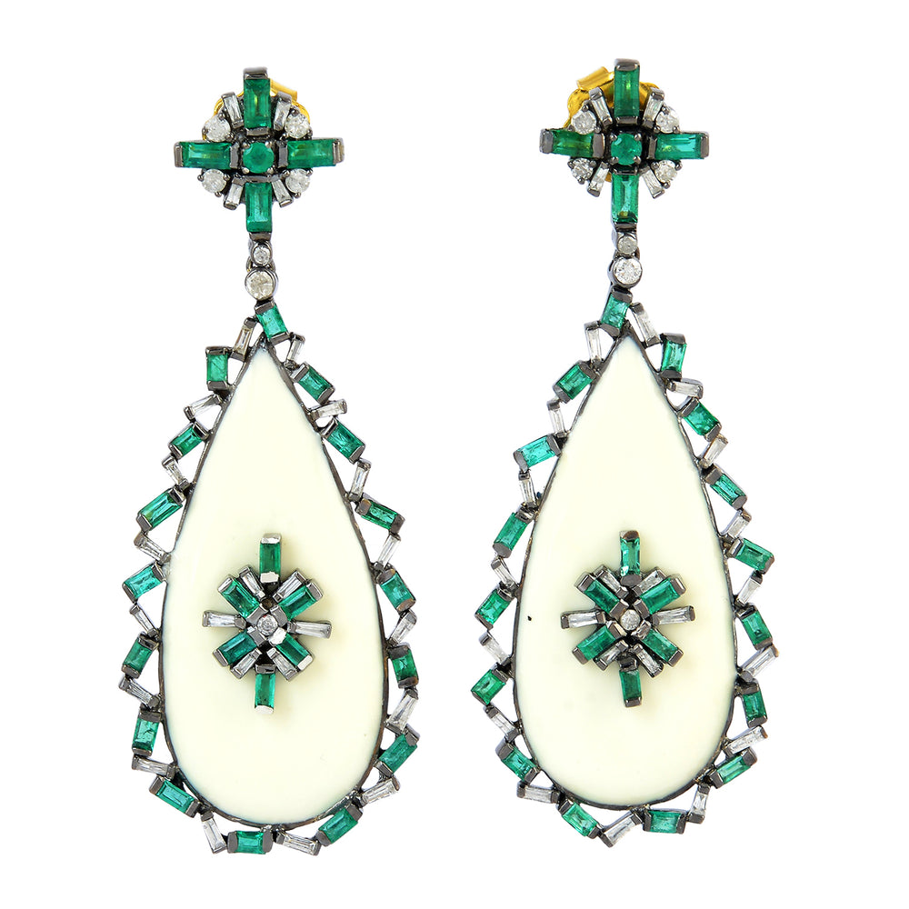 Baguette Cut Emerald & Diamond Enamel Drop Danglers in 18K Yellow Gold & Silver