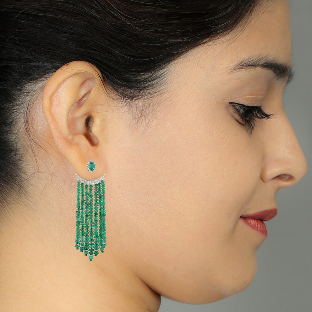 Faceted Emerald Beads Ear Jacket Chandelier Earrings Pave Diamond In White Gold