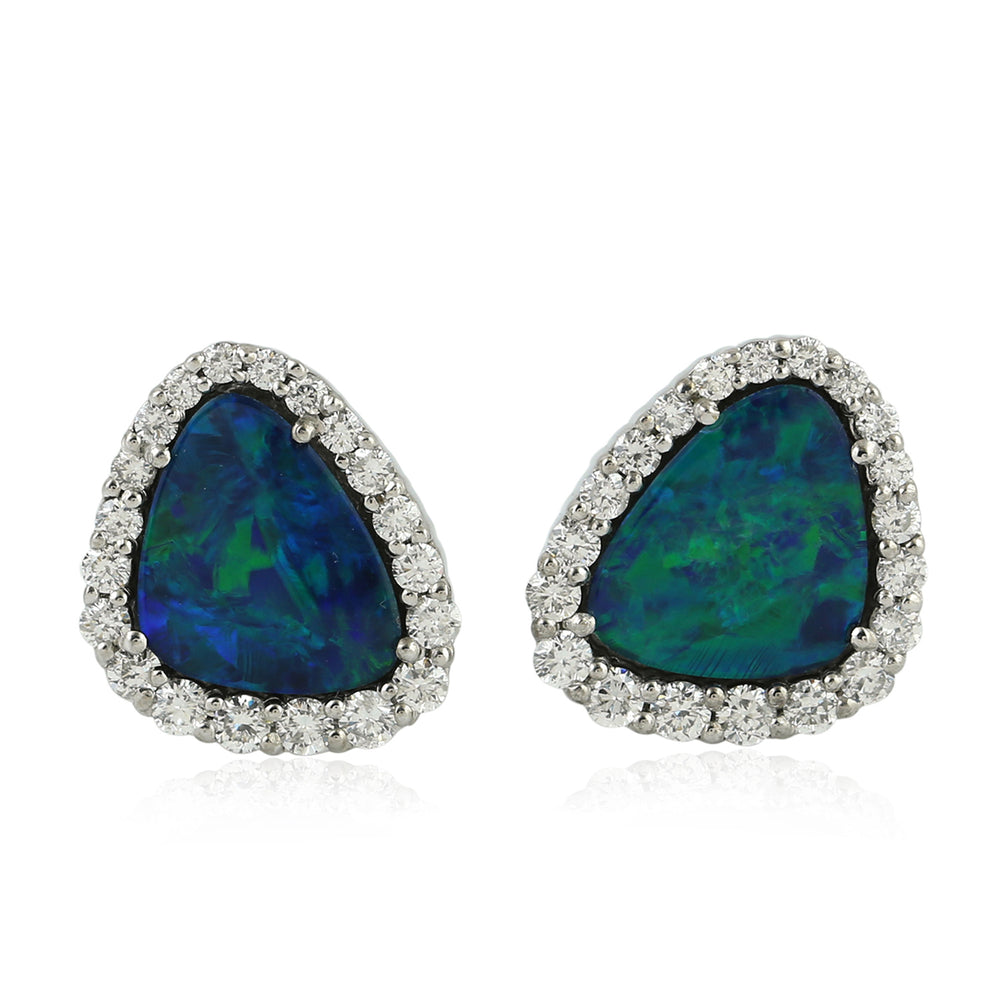 Triangle Opal Doublet Prong Diamond Stud Earrings 18K White Gold Jewelry