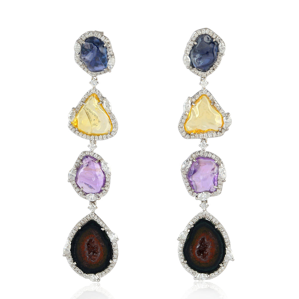 Multi Unshaped Sapphire Geode Marquise Diamond Long Dangler In 18K White Gold Jewelry