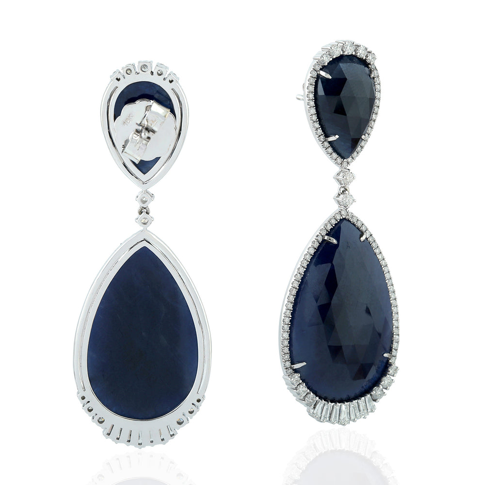 Baguette Diamond Blue Sapphire Pear Cut Tear Drop Danglers In 18k White Gold Jewelry For Her