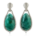 18K White Gold Egg Cut Emerald Pave Natural Diamond Wedding Dangler Earrings