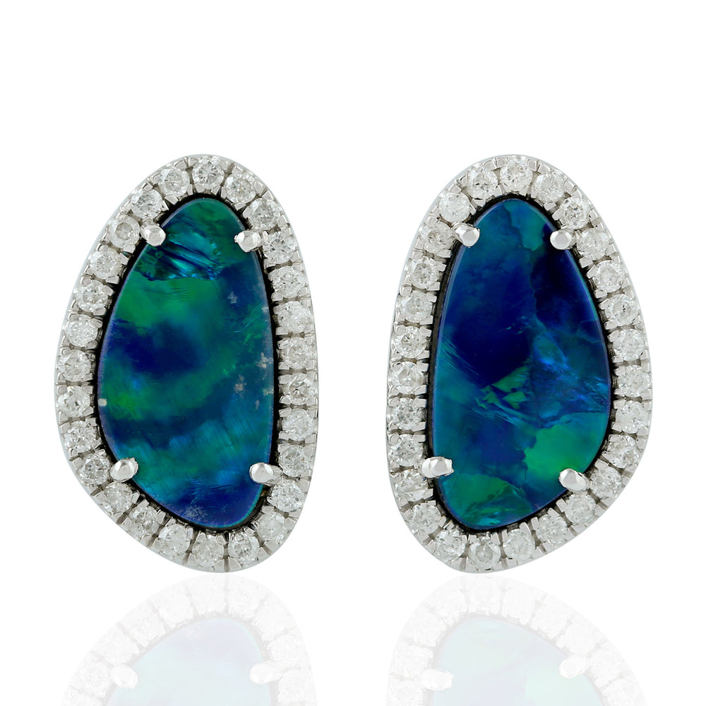 Micro Pave Diamond Opal Doublet Unique Desgin Stud Earrings Jewelry In 18k White Gold