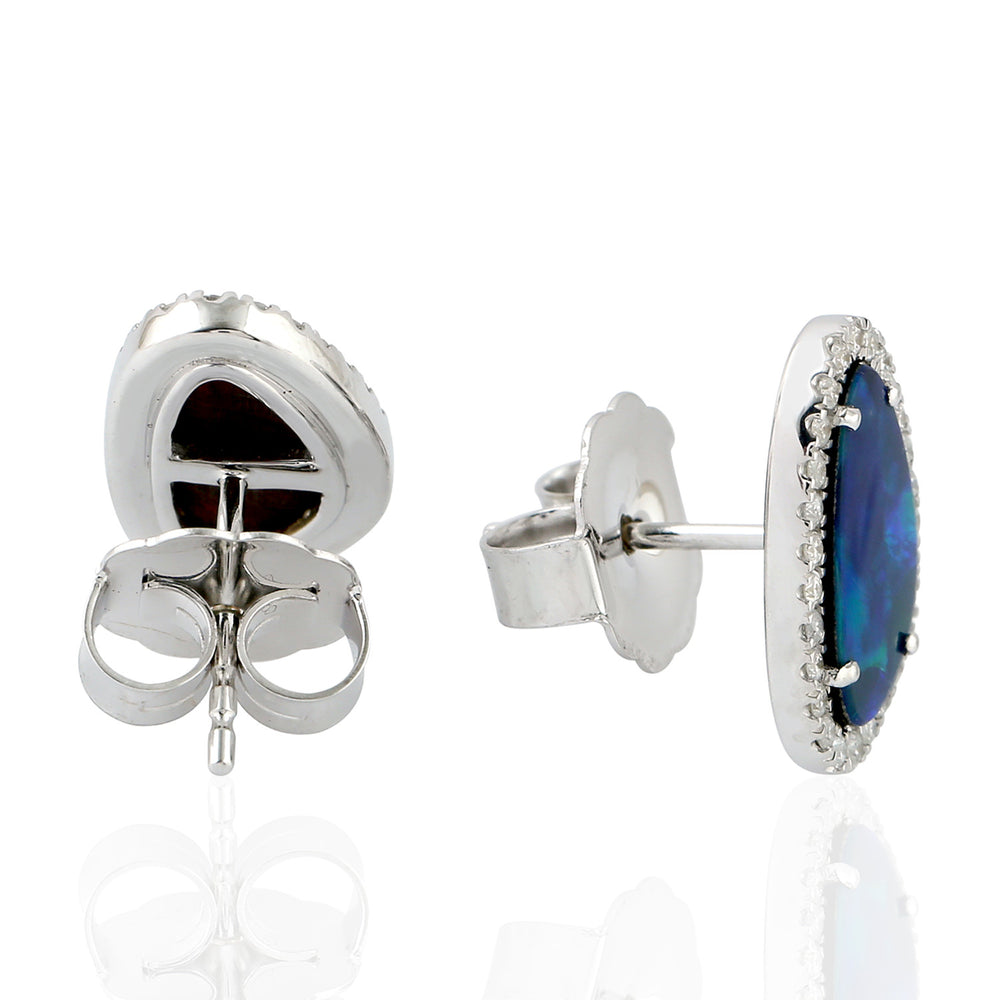 Micro Pave Diamond Opal Doublet Unique Desgin Stud Earrings Jewelry In 18k White Gold