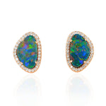 18K Rose Gold Opal Doublet Gemstone Prong Diamond Antique Stud Earrings