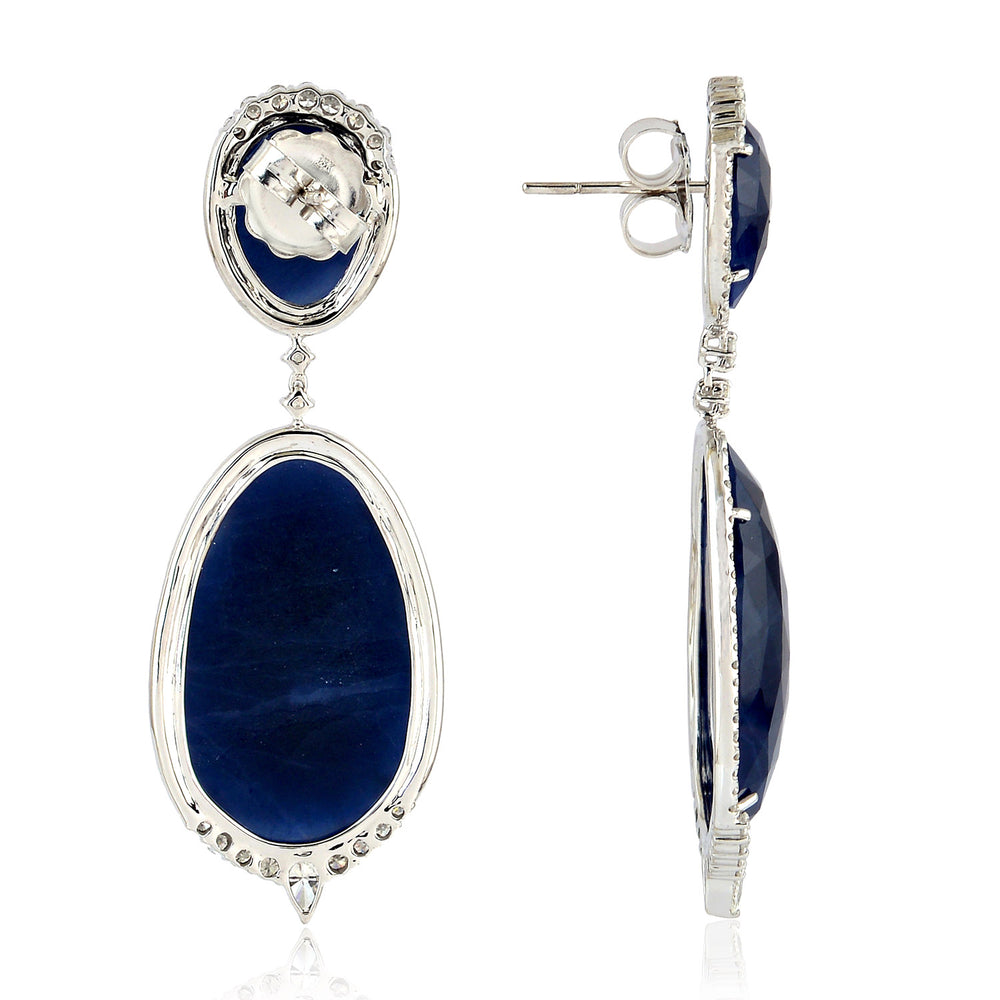 Egg Shape Blue Sapphire Micro Pave Rose Cut Diamond Wedding Earrings In 18K White Gold