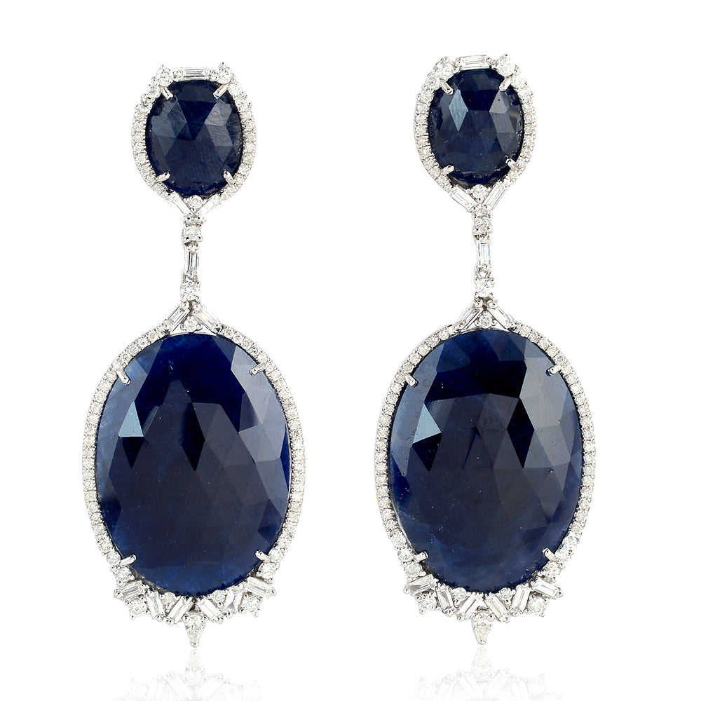 Natural Oval Blue Sapphire Baguette Diamond Designer Earrings In 18K White Gold For Gifts