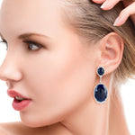 Natural Oval Blue Sapphire Baguette Diamond Designer Earrings In 18K White Gold For Gifts