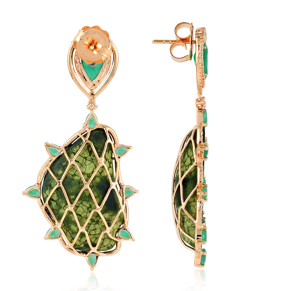 18K Rose Gold Uneven Geode Pear Cut Emerald Prong Diamond Dangler Earrings For Women By Mettlle